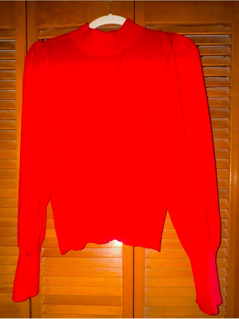 Express Crimson Red Cropped Sweater Mock Neck Puff Sleeve Womens M Knit